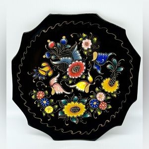 Vintage Hand Painted Black Lacquer Wood Plate Trinket Dish Floral with Gold